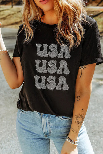 Black USA Rhinestone T-Shirt for Women Black