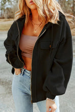 Black zip-up bomber jacket with hood, drawstring, and various sleeve lengths