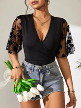Black V-Neck Bodysuit with Floral Mesh Sleeves Black Woman Bodysuits