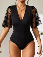 Black V-Neck Bodysuit with Floral Mesh Sleeves Woman Bodysuits