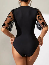 Black V-Neck Bodysuit with Floral Mesh Sleeves Woman Bodysuits