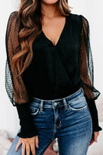Black V-Neck Bodysuit with Sheer Polka Dot Long Sleeve Length Black Woman Bodysuits