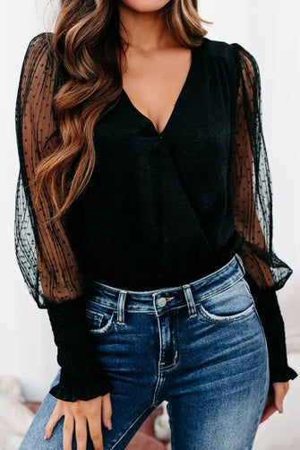 Black V-Neck Bodysuit with Sheer Polka Dot Long Sleeve Length Black Woman Bodysuits