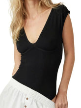 Black V-Neck Cap Sleeve Bodysuit for Women
