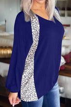 Black V Neck Long Sleeve Top with Leopard Print Accents Navy