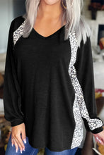 Black V Neck Long Sleeve Top with Leopard Print Accents Black