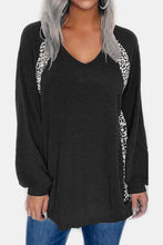 Black V Neck Long Sleeve Top with Leopard Print Accents