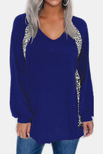 Black V Neck Long Sleeve Top with Leopard Print Accents