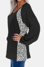 Black V Neck Long Sleeve Top with Leopard Print Accents