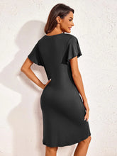 Black V Neck Midi Dress with Flutter Sleeves and Moderate Stretch