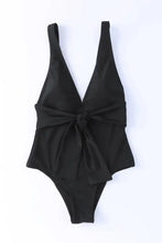 Black V Neck One Piece Swimsuit with Tie Waist Swimwear