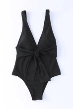 Black V Neck One Piece Swimsuit with Tie Waist Swimwear