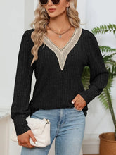 Black V Neck Ribbed Sweater with Lace Trim for Women Black