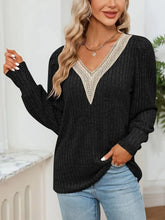 Black V Neck Ribbed Sweater with Lace Trim for Women