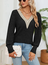 Black V Neck Ribbed Sweater with Lace Trim for Women
