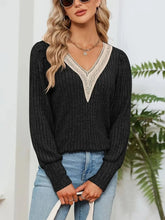 Black V Neck Ribbed Sweater with Lace Trim for Women