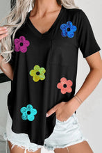 Black V-Neck T-Shirt with Colorful Flower Sequin Design for Women