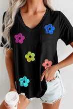 Black V-Neck T-Shirt with Colorful Flower Sequin Design for Women Black