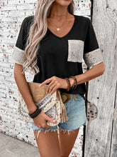 Black V Neck T Shirt with Sequin Pocket and Sleeve Accents for Women