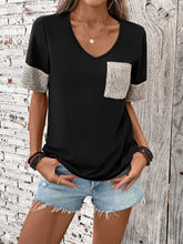Black V Neck T Shirt with Sequin Pocket and Sleeve Accents for Women