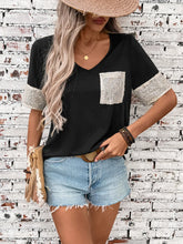 Black V Neck T Shirt with Sequin Pocket and Sleeve Accents for Women
