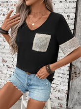 Black V Neck T Shirt with Sequin Pocket and Sleeve Accents for Women