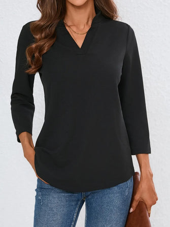 Black V-Neck Three-Quarter Sleeve Blouse for Women Black
