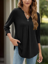 Black V-Neck Three Quarter Sleeve Tunic Top for Women Black