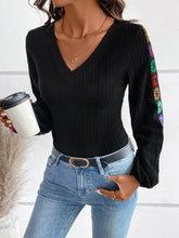 Black V Neck Top with Colorful Crochet Floral Sleeves