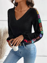 Black V Neck Top with Colorful Crochet Floral Sleeves Woman T Shirts