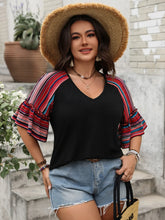 Black V-Neck Top with Striped Ruffle Sleeves for Women