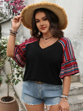 Black V-Neck Top with Striped Ruffle Sleeves for Women Woman T Shirts