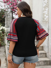 Black V-Neck Top with Striped Ruffle Sleeves for Women