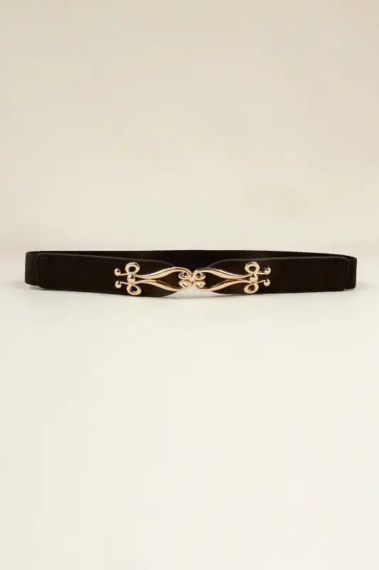 Black velvet alloy buckle elastic belt with ornate rose gold scrollwork