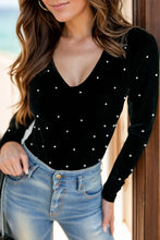 Black Velvet Long Sleeve Bodysuit with Pearl Embellishments Black