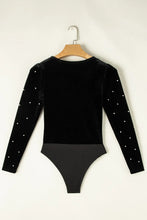 Black Velvet Long Sleeve Bodysuit with Pearl Embellishments