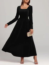 Velvet square neck long sleeve dress with silver heels and gold clutch