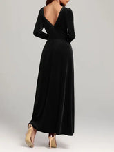 Black velvet square neck long sleeve dress with deep V-back and gathered waist