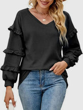 Black Waffle Knit Ruffle Sleeve V Neck Top with Medium Sleeve Length Black