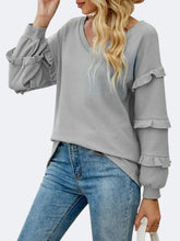 Black Waffle Knit Ruffle Sleeve V Neck Top with Medium Sleeve Length