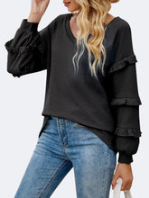 Black Waffle Knit Ruffle Sleeve V Neck Top with Medium Sleeve Length
