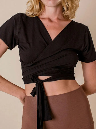Black Wrap Crop Top for Women in Stretchy Opaque Fabric Black