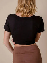 Black Wrap Crop Top for Women in Stretchy Opaque Fabric Woman T Shirts