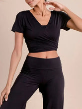 Black Wrap Crop Top for Women in Stretchy Opaque Fabric Woman T Shirts