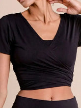 Black Wrap Crop Top for Women in Stretchy Opaque Fabric Woman T Shirts