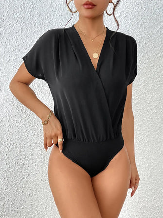Black Wrap-Front Bodysuit in Stretchy Polyester Black