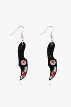 Bloody horror drop earrings: black silver knife pair with red splatter