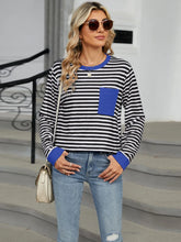 Blue Accented Striped Long Sleeve Pocket Shirt for Women
