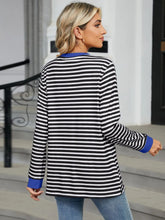Blue Accented Striped Long Sleeve Pocket Shirt for Women