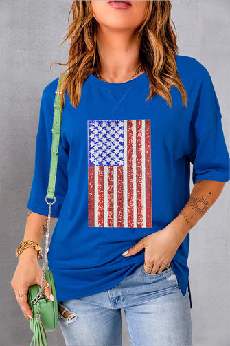 Blue American Flag Sequin T Shirt for Women Royal Blue
